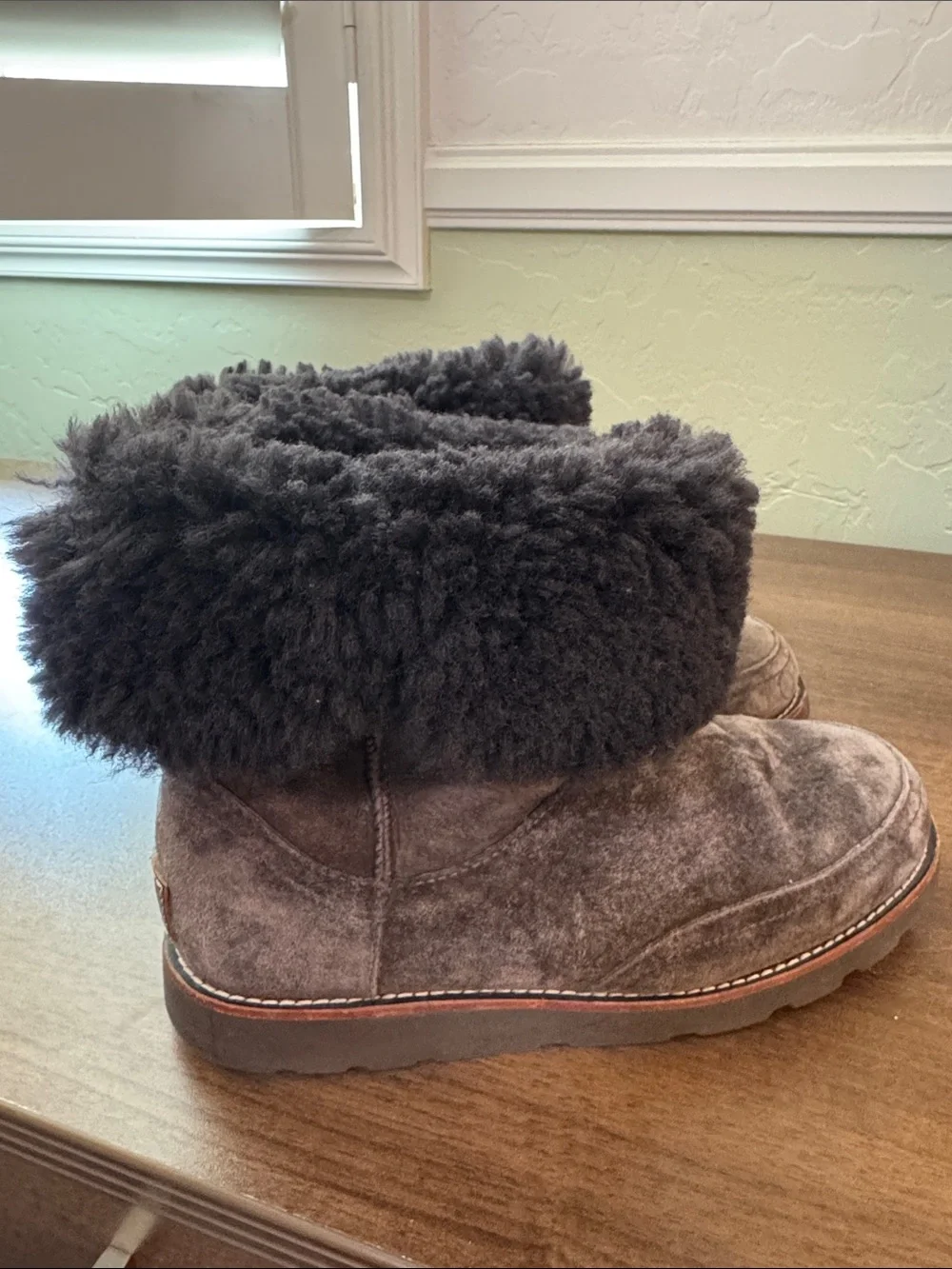 UGG Chocolate Embroidered Suede Shearling-Lined Mid-Calf Boot, Sz. 9